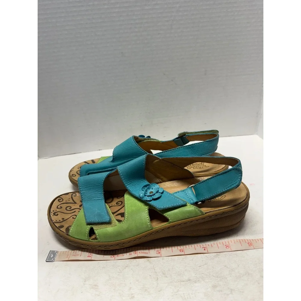 Pikolinos Teal Lime Green Leather Flower Slingback Comfort Sandals Spain 39 8.5